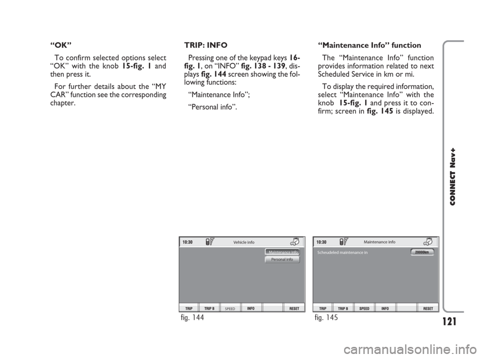FIAT CROMA 2007 2.G Connect NavPlus Manual 121
CONNECT Nav+
“OK”
To confirm selected options select
“OK” with the knob 15-fig. 1and
then press it.
For further details about the “MY
CAR” function see the corresponding
chapter.TRIP: 