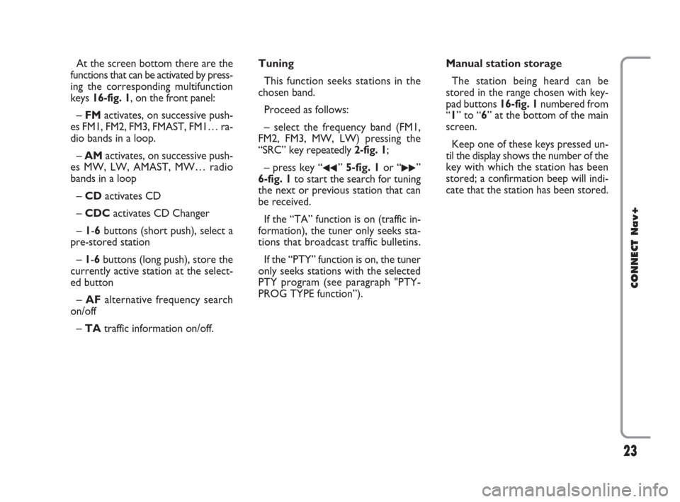 FIAT CROMA 2007 2.G Connect NavPlus Manual 23
CONNECT Nav+
At the screen bottom there are the
functions that can be activated by press-
ing the corresponding multifunction
keys 16-fig. 1, on the front panel:
– FMactivates, on successive push