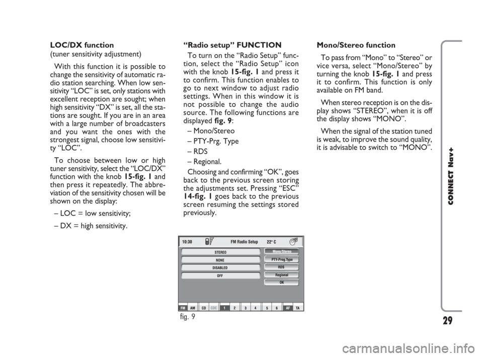 FIAT CROMA 2007 2.G Connect NavPlus Manual 29
CONNECT Nav+
LOC/DX function 
(tuner sensitivity adjustment)
With this function it is possible to
change the sensitivity of automatic ra-
dio station searching. When low sen-
sitivity “LOC” is 