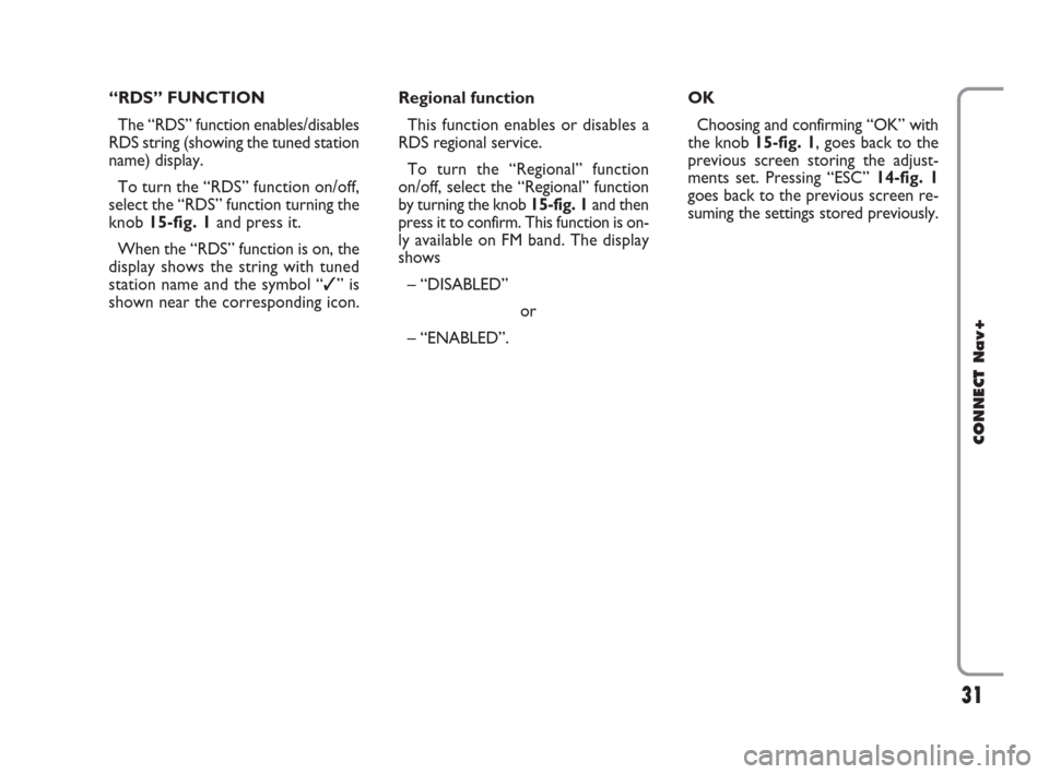 FIAT CROMA 2007 2.G Connect NavPlus Manual 31
CONNECT Nav+
“RDS” FUNCTION
The “RDS” function enables/disables
RDS string (showing the tuned station
name) display.
To turn the “RDS” function on/off,
select the “RDS” function tur