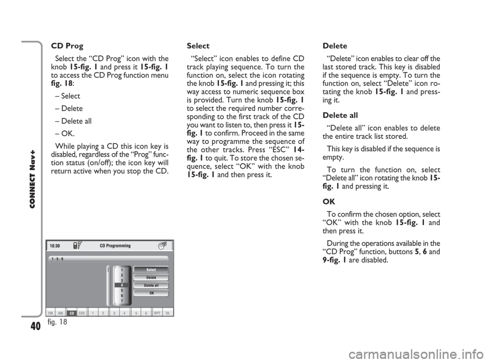 FIAT CROMA 2007 2.G Connect NavPlus Manual 40
CONNECT Nav+
CD Prog
Select the “CD Prog” icon with the
knob 15-fig. 1and press it 15-fig. 1
to access the CD Prog function menu
fig. 18:
– Select
– Delete
– Delete all
– OK.
While play