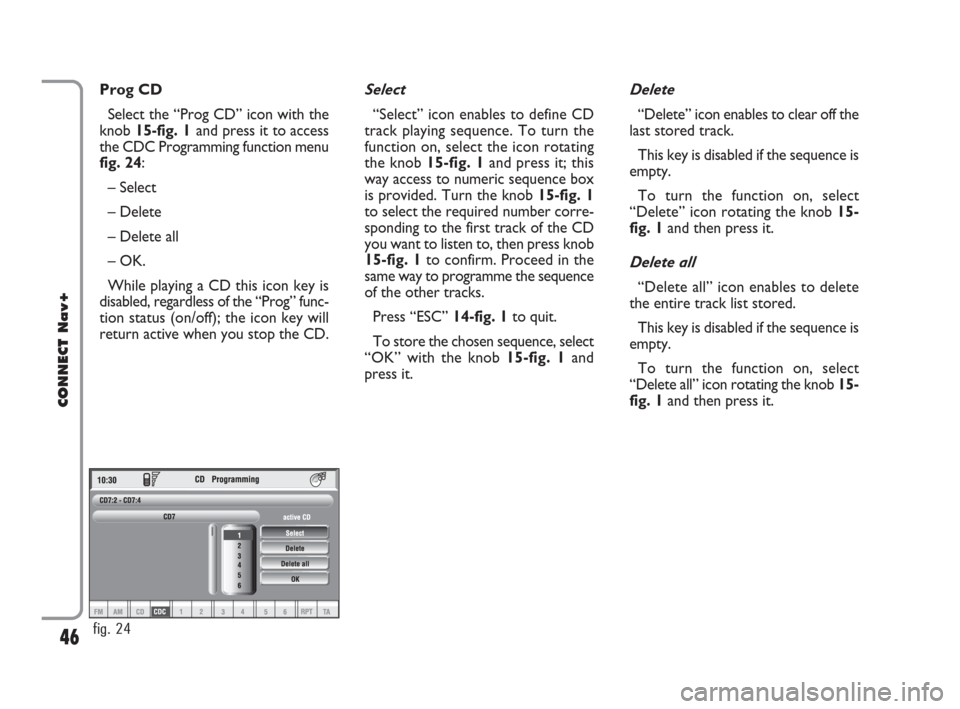 FIAT CROMA 2007 2.G Connect NavPlus Manual Select
“Select” icon enables to define CD
track playing sequence. To turn the
function on, select the icon rotating
the knob15-fig. 1and press it; this
way access to numeric sequence box
is provid