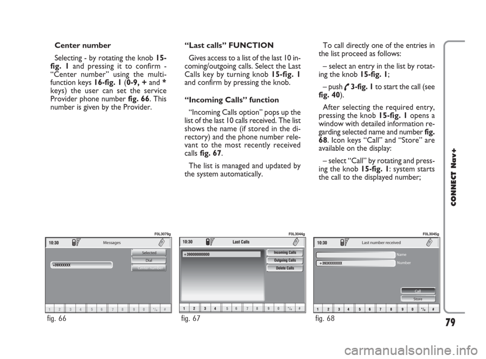 FIAT CROMA 2007 2.G Connect NavPlus Manual 79
CONNECT Nav+
Messages 
Selected 
Dial 
Center number
fig. 66
F0L3079g
fig. 67
F0L3044g
Last number received 
Name 
Number 
Call 
Store
fig. 68
F0L3045g
Center number
Selecting - by rotating the kno