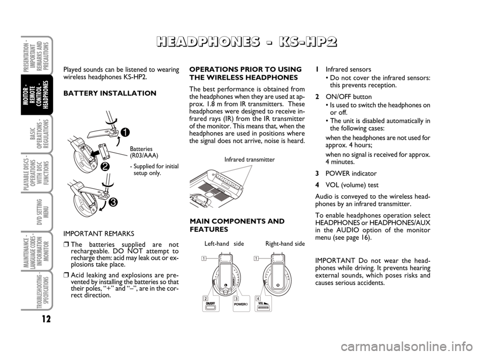 FIAT CROMA 2008 2.G DVD Player Manual BASIC
OPERATIONS -
REGULATIONS
PRESENTATION -
IMPORTANT
REMARKS AND
PRECAUTIONS
MOITOR -
REMOTE
CONTROL -
HEADPHONES
12
PLAYABLE DISCS -
OPERATIONS
WITH DISC
FUNCTIONS
DVD SETTING
MENU
MAINTENANCE - FIAT CROMA 2008 2.G DVD Player Manual BASIC
OPERATIONS -
REGULATIONS
PRESENTATION -
IMPORTANT
REMARKS AND
PRECAUTIONS
MOITOR -
REMOTE
CONTROL -
HEADPHONES
12
PLAYABLE DISCS -
OPERATIONS
WITH DISC
FUNCTIONS
DVD SETTING
MENU
MAINTENANCE -