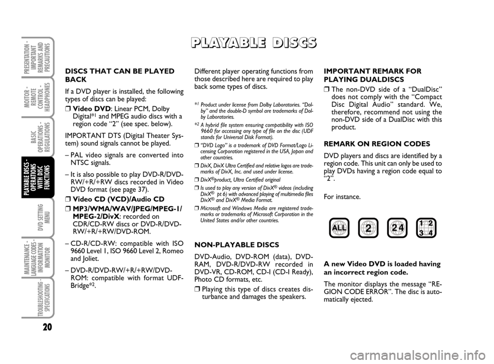 FIAT CROMA 2008 2.G DVD Player Manual DVD SETTING
MENU
MOITOR -
REMOTE
CONTROL -
HEADPHONES
20
BASIC
OPERATIONS - 
REGULATIONS
PLAYABLE DISCS -
OPERATIONS
WITH DISC
FUNCTIONS
MAINTENANCE - LANGUAGE CODES - INFORMATION
MONITOR
TROUBLESHOOT