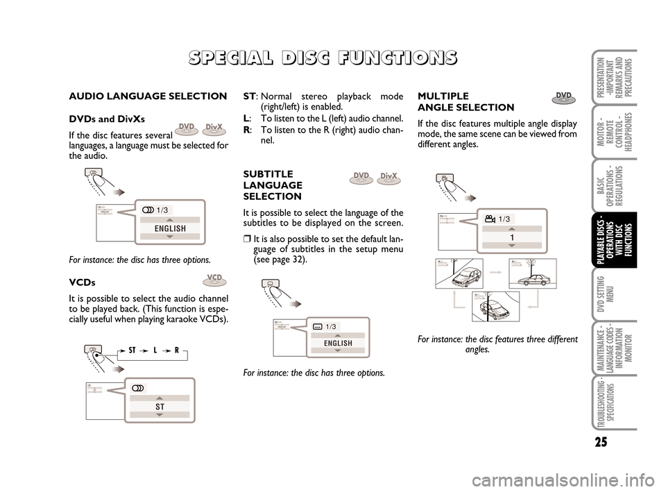 FIAT CROMA 2008 2.G DVD Player Manual DVD SETTING
MENU
25
MOITOR -
REMOTE
CONTROL -
HEADPHONES
BASIC
OPERATIONS - 
REGULATIONS
PLAYABLE DISCS -
OPERATIONS
WITH DISC
FUNCTIONS
MAINTENANCE - LANGUAGE CODES - INFORMATION
MONITOR
TROUBLESHOOT