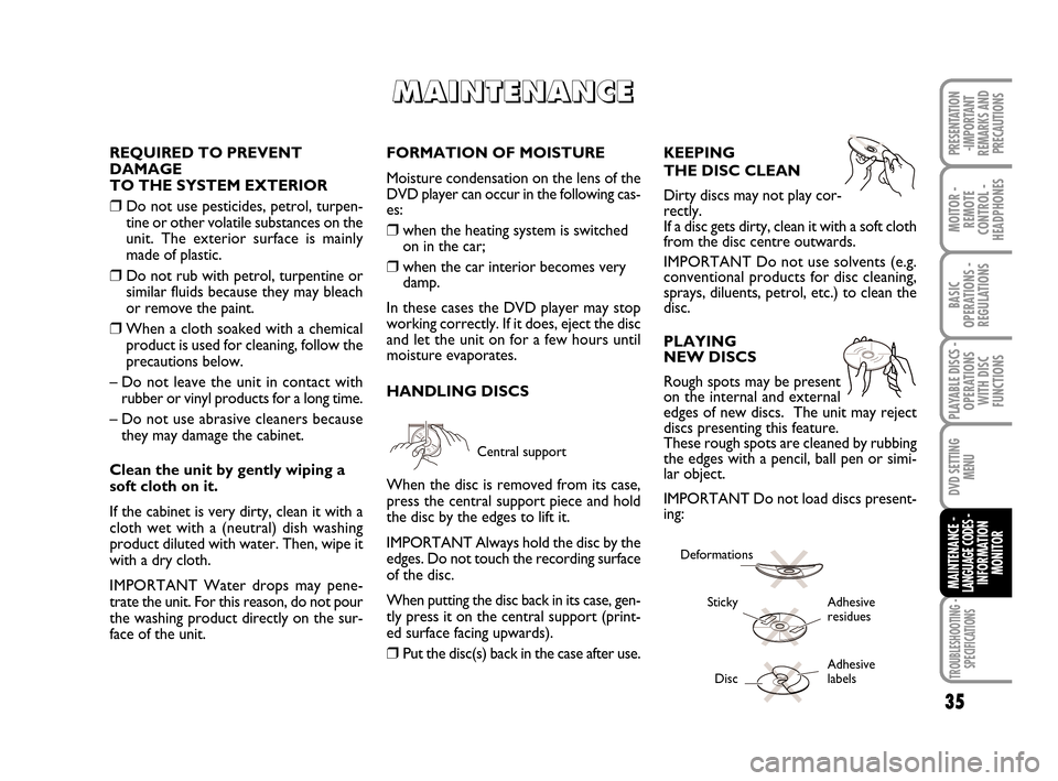 FIAT CROMA 2008 2.G DVD Player Manual TROUBLESHOOTING -
SPECIFICATIONS
35
MOITOR -
REMOTE
CONTROL -
HEADPHONES
BASIC
OPERATIONS - 
REGULATIONS
PLAYABLE DISCS -
OPERATIONS
WITH DISC
FUNCTIONS
DVD SETTING
MENU
MAINTENANCE - LANGUAGE CODES -