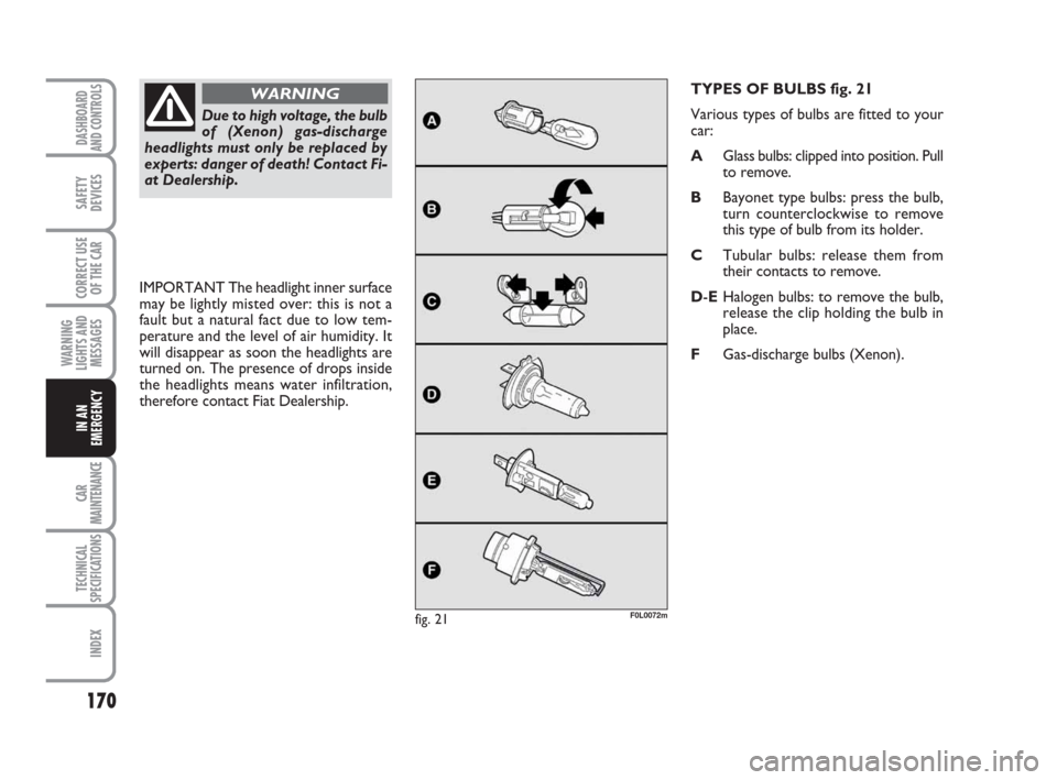 FIAT CROMA 2008 2.G Owners Manual 170
WARNING
LIGHTS AND
MESSAGES
CAR
MAINTENANCE
TECHNICAL
SPECIFICATIONS
INDEX
DASHBOARD
AND CONTROLS
SAFETY
DEVICES
CORRECT USE
OF THE CAR
IN AN
EMERGENCY
TYPES OF BULBS fig. 21
Various types of bulb