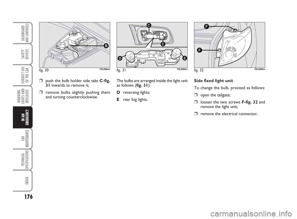 FIAT CROMA 2008 2.G Owners Manual Side fixed light unit
To change the bulb, proceed as follows:
❒open the tailgate;
❒loosen the two screws F-fig. 32and
remove the light unit;
❒remove the electrical connector;
176
WARNING
LIGHTS FIAT CROMA 2008 2.G Owners Manual Side fixed light unit
To change the bulb, proceed as follows:
❒open the tailgate;
❒loosen the two screws F-fig. 32and
remove the light unit;
❒remove the electrical connector;
176
WARNING
LIGHTS