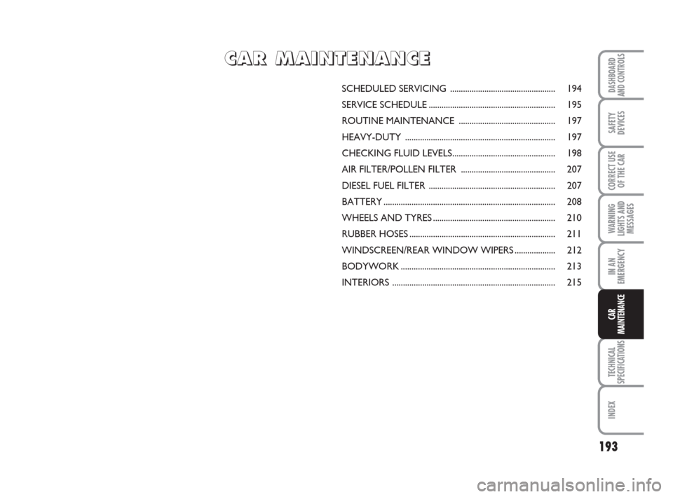 FIAT CROMA 2008 2.G Owners Manual 193
WARNING
LIGHTS AND
MESSAGES
TECHNICAL
SPECIFICATIONS
INDEX
DASHBOARD
AND CONTROLS
SAFETY
DEVICES
CORRECT USE
OF THE CAR
IN AN
EMERGENCY
CAR
MAINTENANCE
SCHEDULED SERVICING ........................
