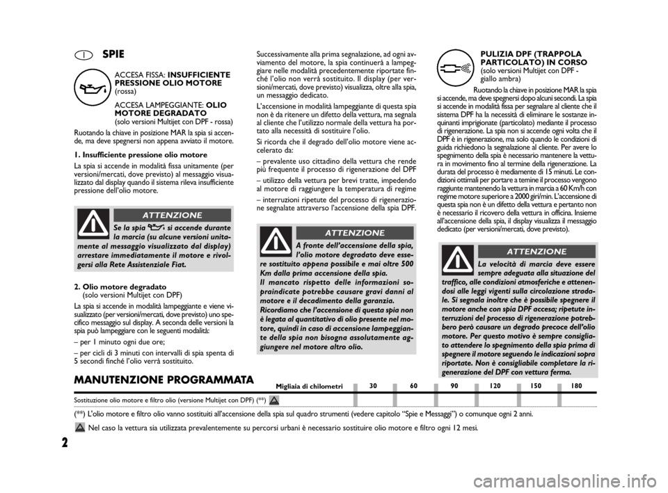 FIAT CROMA 2009 2.G DPF Supplement Manual 2
ACCESA FISSA: INSUFFICIENTE
PRESSIONE OLIO MOTORE
(rossa)
ACCESA LAMPEGGIANTE: OLIO
MOTORE DEGRADATO
(solo versioni Multijet con DPF - rossa)
Ruotando la chiave in posizione MAR la spia si accen-
de