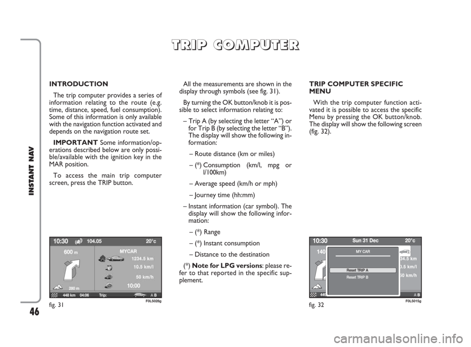 FIAT CROMA 2009 2.G Instant Navigation Manual 46
INSTANT NAV
INTRODUCTION
The trip computer provides a series of
information relating to the route (e.g.
time, distance, speed, fuel consumption).
Some of this information is only available
with the FIAT CROMA 2009 2.G Instant Navigation Manual 46
INSTANT NAV
INTRODUCTION
The trip computer provides a series of
information relating to the route (e.g.
time, distance, speed, fuel consumption).
Some of this information is only available
with the