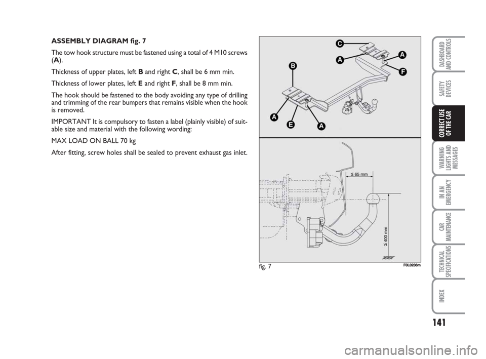 FIAT CROMA 2009 2.G Owners Manual ASSEMBLY DIAGRAM fig. 7
The tow hook structure must be fastened using a total of 4 M10 screws
(A).
Thickness of upper plates, left Band right C, shall be 6 mm min.
Thickness of lower plates, left Eand