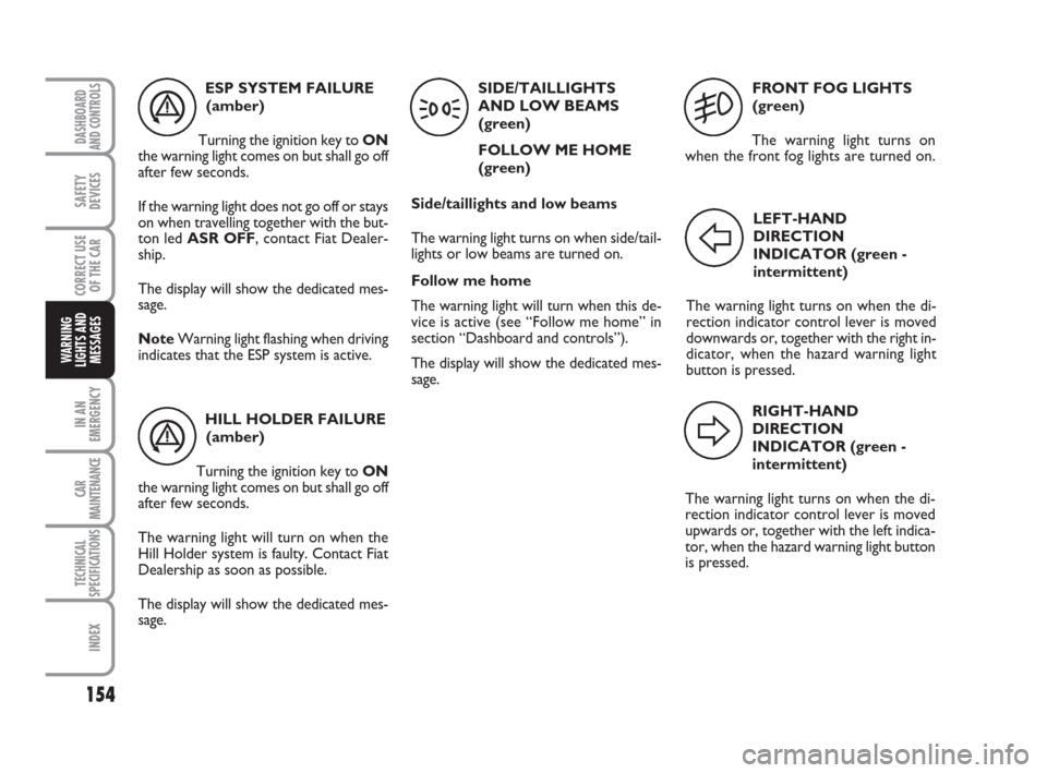FIAT CROMA 2009 2.G Owners Manual 154
IN AN
EMERGENCY
CAR
MAINTENANCE
TECHNICAL
SPECIFICATIONS
INDEX
DASHBOARD
AND CONTROLS
SAFETY
DEVICES
CORRECT USE
OF THE CAR
WARNING
LIGHTS AND
MESSAGES
FRONT FOG LIGHTS
(green)
The warning light t