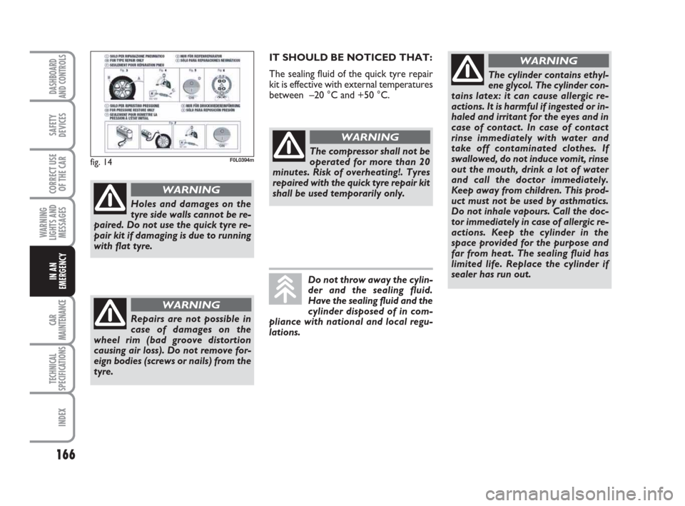 FIAT CROMA 2009 2.G Owners Manual 166
WARNING
LIGHTS AND
MESSAGES
CAR
MAINTENANCE
TECHNICAL
SPECIFICATIONS
INDEX
DASHBOARD
AND CONTROLS
SAFETY
DEVICES
CORRECT USE
OF THE CAR
IN AN
EMERGENCY
Holes and damages on the
tyre side walls can