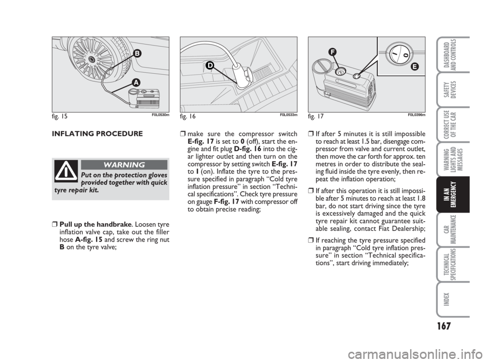 FIAT CROMA 2009 2.G Owners Manual 167
WARNING
LIGHTS AND
MESSAGES
CAR
MAINTENANCE
TECHNICAL
SPECIFICATIONS
INDEX
DASHBOARD
AND CONTROLS
SAFETY
DEVICES
CORRECT USE
OF THE CAR
IN AN
EMERGENCY
INFLATING PROCEDURE
Put on the protection gl