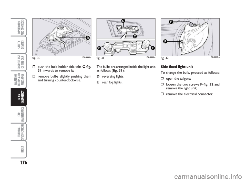 FIAT CROMA 2009 2.G Owners Manual Side fixed light unit
To change the bulb, proceed as follows:
❒open the tailgate;
❒loosen the two screws F-fig. 32and
remove the light unit;
❒remove the electrical connector;
176
WARNING
LIGHTS FIAT CROMA 2009 2.G Owners Manual Side fixed light unit
To change the bulb, proceed as follows:
❒open the tailgate;
❒loosen the two screws F-fig. 32and
remove the light unit;
❒remove the electrical connector;
176
WARNING
LIGHTS