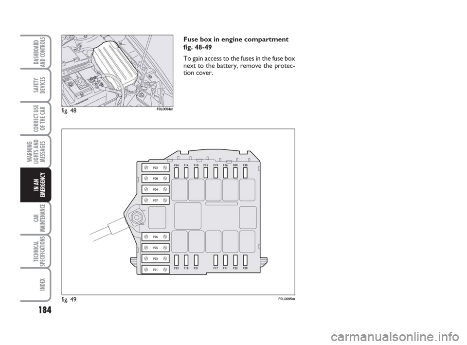 FIAT CROMA 2009 2.G Owners Manual 184
WARNING
LIGHTS AND
MESSAGES
CAR
MAINTENANCE
TECHNICAL
SPECIFICATIONS
INDEX
DASHBOARD
AND CONTROLS
SAFETY
DEVICES
CORRECT USE
OF THE CAR
IN AN
EMERGENCY
Fuse box in engine compartment
fig. 48-49
To