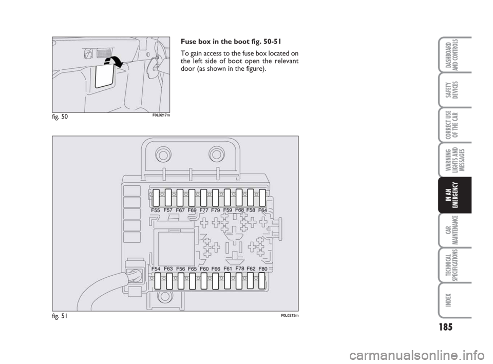FIAT CROMA 2009 2.G Owners Manual 185
WARNING
LIGHTS AND
MESSAGES
CAR
MAINTENANCE
TECHNICAL
SPECIFICATIONS
INDEX
DASHBOARD
AND CONTROLS
SAFETY
DEVICES
CORRECT USE
OF THE CAR
IN AN
EMERGENCY
Fuse box in the boot fig. 50-51
To gain acce
