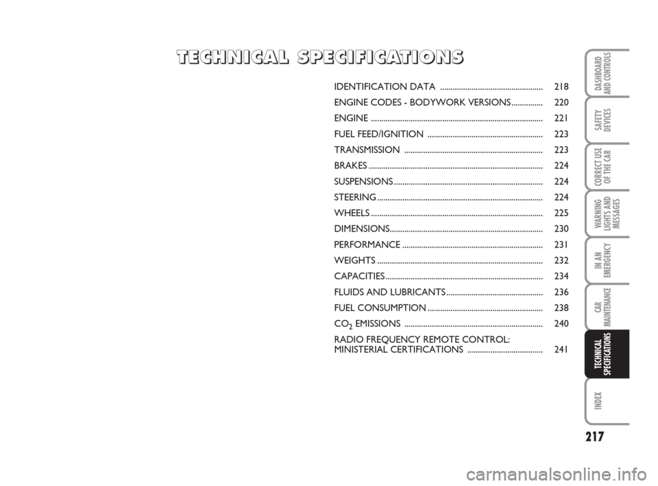 FIAT CROMA 2009 2.G User Guide 217
WARNING
LIGHTS AND
MESSAGES
INDEX
DASHBOARD
AND CONTROLS
SAFETY
DEVICES
CORRECT USE
OF THE CAR
IN AN
EMERGENCY
CAR
MAINTENANCE
TECHNICAL
SPECIFICATIONS
IDENTIFICATION DATA ........................