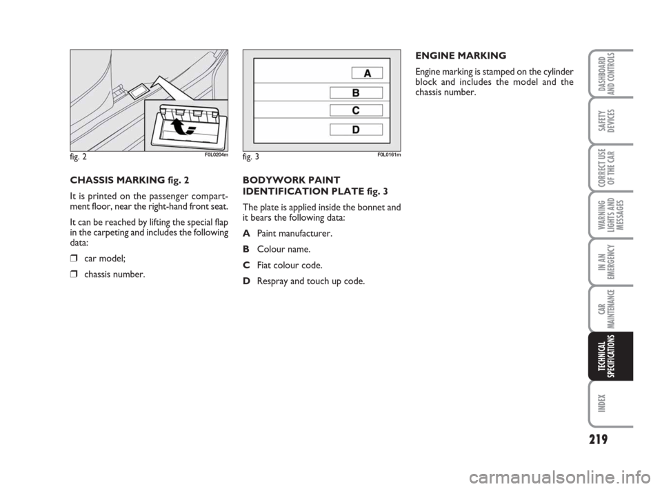 FIAT CROMA 2009 2.G Owners Manual CHASSIS MARKING fig. 2
It is printed on the passenger compart-
ment floor, near the right-hand front seat.
It can be reached by lifting the special flap
in the carpeting and includes the following
dat