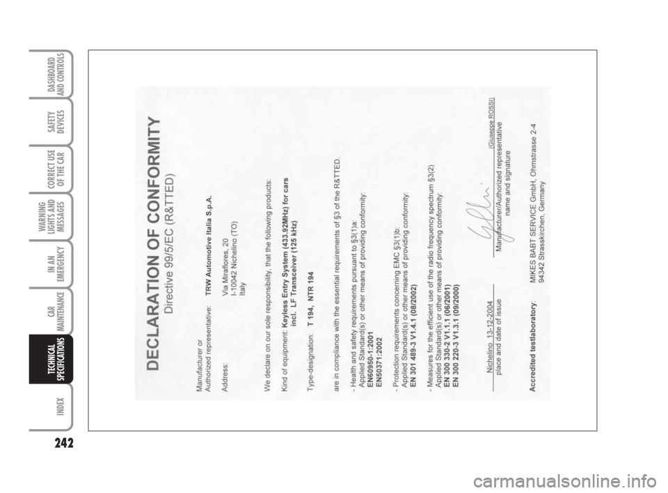 FIAT CROMA 2009 2.G Owners Manual 242
WARNING
LIGHTS AND
MESSAGES
INDEX
DASHBOARD
AND CONTROLS
SAFETY
DEVICES
CORRECT USE
OF THE CAR
IN AN
EMERGENCY
CAR
MAINTENANCE
TECHNICAL
SPECIFICATIONS
217-242 Croma TRW GB 10-11-2008 13:16 Pag FIAT CROMA 2009 2.G Owners Manual 242
WARNING
LIGHTS AND
MESSAGES
INDEX
DASHBOARD
AND CONTROLS
SAFETY
DEVICES
CORRECT USE
OF THE CAR
IN AN
EMERGENCY
CAR
MAINTENANCE
TECHNICAL
SPECIFICATIONS
217-242 Croma TRW GB 10-11-2008 13:16 Pag