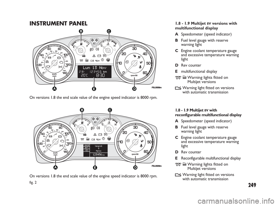 FIAT CROMA 2009 2.G Owners Manual 249
INSTRUMENT PANEL
F0L0509m
fig. 2
F0L0508m
1.8 - 1.9 Multijet 8Vversions with
multifunctional display
ASpeedometer (speed indicator)
BFuel level gauge with reserve
warning light
CEngine coolant te FIAT CROMA 2009 2.G Owners Manual 249
INSTRUMENT PANEL
F0L0509m
fig. 2
F0L0508m
1.8 - 1.9 Multijet 8Vversions with
multifunctional display
ASpeedometer (speed indicator)
BFuel level gauge with reserve
warning light
CEngine coolant te