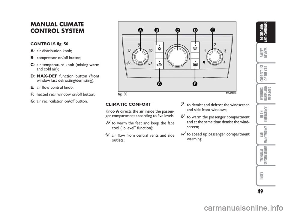 FIAT CROMA 2009 2.G Service Manual 49
SAFETY
DEVICES
CORRECT USE
OF THE CAR
WARNING
LIGHTS AND
MESSAGES
IN AN
EMERGENCY
CAR
MAINTENANCE
TECHNICAL
SPECIFICATIONS
INDEX
DASHBOARD
AND CONTROLS
MANUAL CLIMATE
CONTROL SYSTEM
CONTROLS fig. 5
