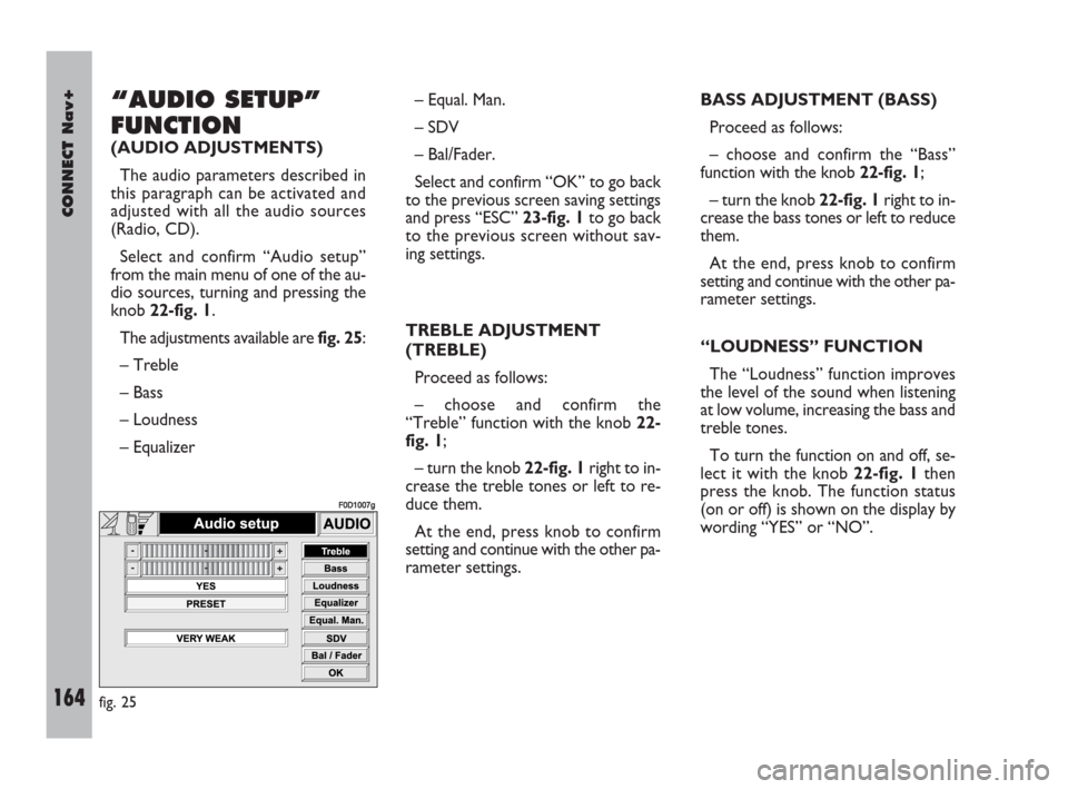 FIAT DOBLO 2007 1.G Connect NavPlus Manual 164Nero603 83 540 Connect DOBLO Livello 4 GB
CONNECT Nav+
164
“AUDIO SETUP”
FUNCTION
(AUDIO ADJUSTMENTS)
The audio parameters described in
this paragraph can be activated and
adjusted with all t FIAT DOBLO 2007 1.G Connect NavPlus Manual 164Nero603 83 540 Connect DOBLO Livello 4 GB
CONNECT Nav+
164
“AUDIO SETUP”
FUNCTION
(AUDIO ADJUSTMENTS)
The audio parameters described in
this paragraph can be activated and
adjusted with all t