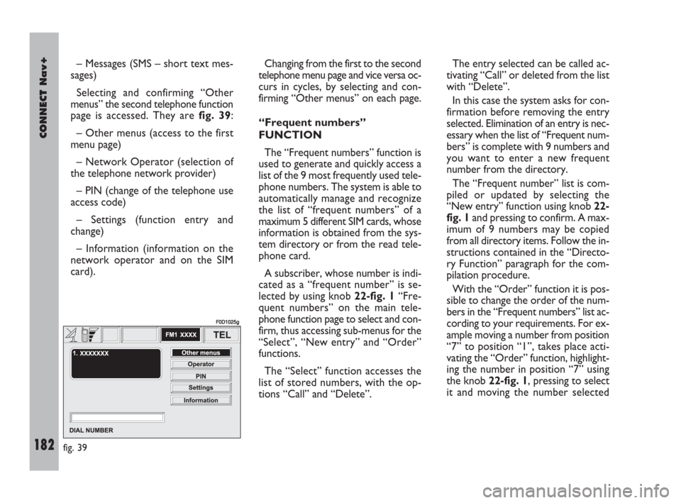 FIAT DOBLO 2007 1.G Connect NavPlus Manual 182Nero603 83 540 Connect DOBLO Livello 4 GB
CONNECT Nav+
182
– Messages (SMS – short text mes-
sages)
Selecting and confirming “Other
menus” the second telephone function
page is accessed. Th FIAT DOBLO 2007 1.G Connect NavPlus Manual 182Nero603 83 540 Connect DOBLO Livello 4 GB
CONNECT Nav+
182
– Messages (SMS – short text mes-
sages)
Selecting and confirming “Other
menus” the second telephone function
page is accessed. Th