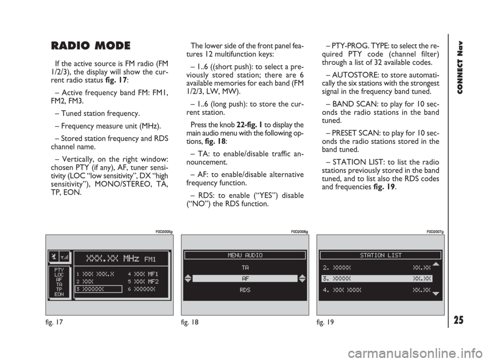 FIAT DOBLO 2007 1.G Connect NavPlus Manual 25Nero603 83 540 Connect DOBLO GB
25
CONNECT Nav
RADIO MODE
If the active source is FM radio (FM
1/2/3), the display will show the cur-
rent radio status fig. 17:
– Active frequency band FM: FM1,
FM FIAT DOBLO 2007 1.G Connect NavPlus Manual 25Nero603 83 540 Connect DOBLO GB
25
CONNECT Nav
RADIO MODE
If the active source is FM radio (FM
1/2/3), the display will show the cur-
rent radio status fig. 17:
– Active frequency band FM: FM1,
FM