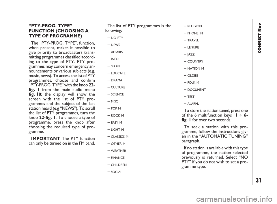 FIAT DOBLO 2007 1.G Connect NavPlus Manual 31Nero603 83 540 Connect DOBLO GB
31
CONNECT Nav
“PTY-PROG. TYPE”
FUNCTION (CHOOSING A
TYPE OF PROGRAMME)
The “PTY-PROG. TYPE”, function,
when present, makes it possible to
give priority to br