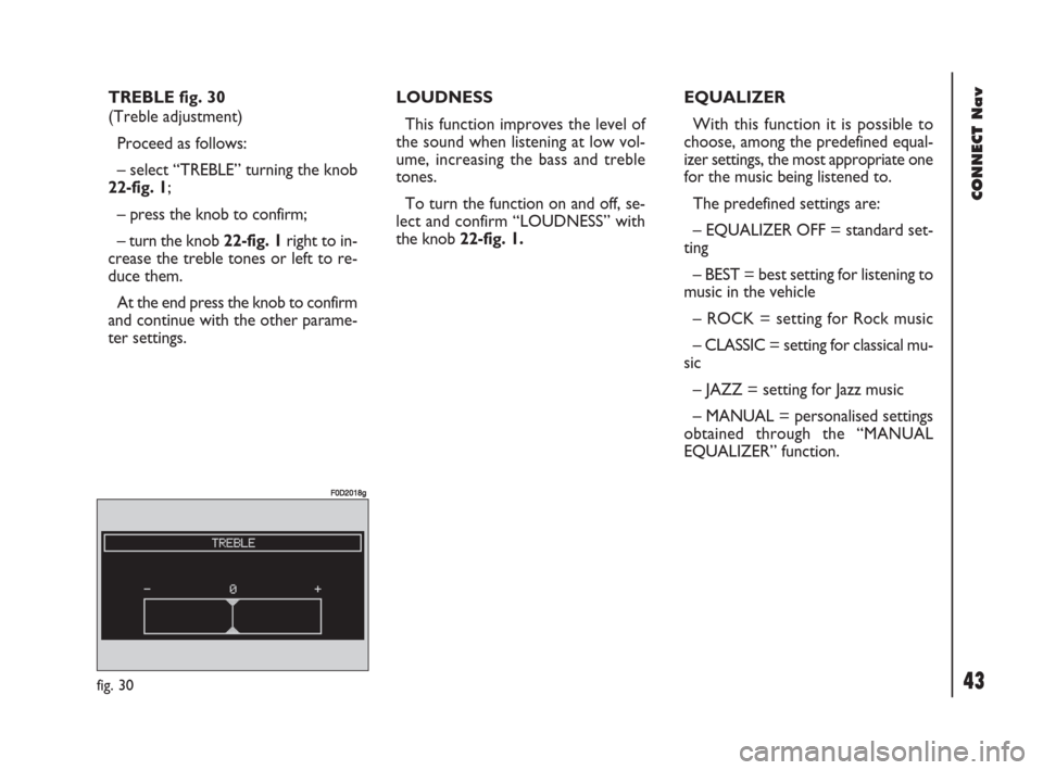 FIAT DOBLO 2007 1.G Connect NavPlus Manual 43Nero603 83 540 Connect DOBLO GB
43
CONNECT Nav
TREBLE fig. 30
(Treble adjustment)
Proceed as follows:
– select “TREBLE” turning the knob
22-fig. 1;
– press the knob to confirm;
– turn the FIAT DOBLO 2007 1.G Connect NavPlus Manual 43Nero603 83 540 Connect DOBLO GB
43
CONNECT Nav
TREBLE fig. 30
(Treble adjustment)
Proceed as follows:
– select “TREBLE” turning the knob
22-fig. 1;
– press the knob to confirm;
– turn the