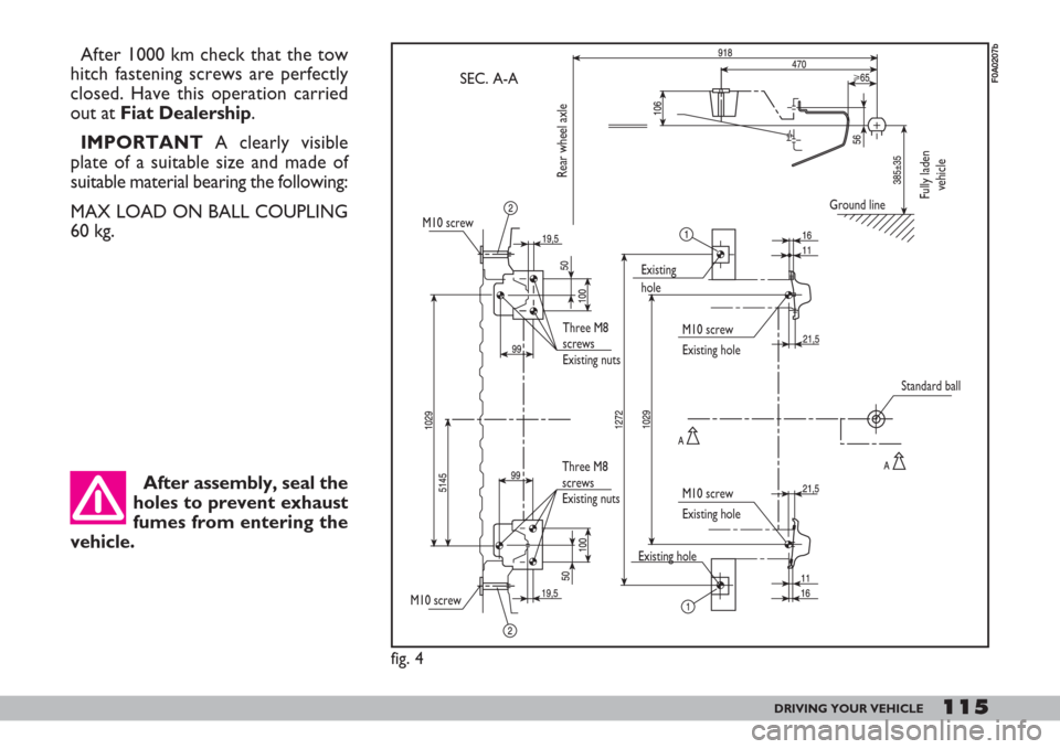 FIAT DOBLO 2007 1.G Owners Manual After 1000 km check that the tow
hitch fastening screws are perfectly
closed. Have this operation carried
out at Fiat Dealership.
IMPORTANT A clearly visible
plate of a suitable size and made of
suita