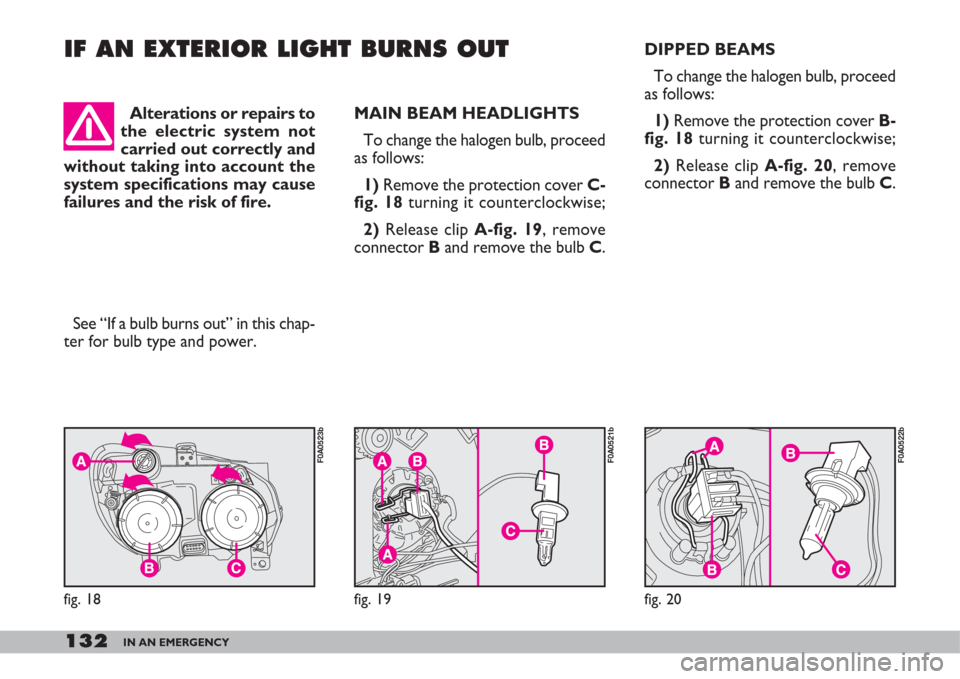FIAT DOBLO 2007 1.G Owners Manual 132IN AN EMERGENCY
See “If a bulb burns out” in this chap-
ter for bulb type and power.MAIN BEAM HEADLIGHTS
To change the halogen bulb, proceed
as follows:
1)Remove the protection cover C-
fig. 1 FIAT DOBLO 2007 1.G Owners Manual 132IN AN EMERGENCY
See “If a bulb burns out” in this chap-
ter for bulb type and power.MAIN BEAM HEADLIGHTS
To change the halogen bulb, proceed
as follows:
1)Remove the protection cover C-
fig. 1