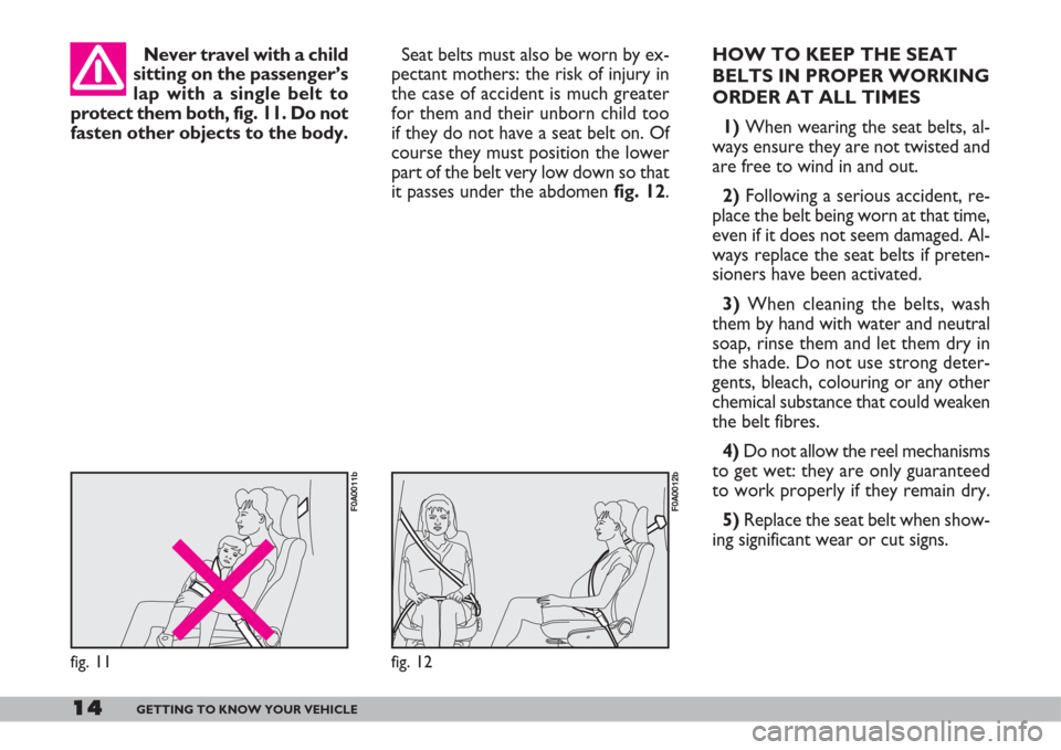FIAT DOBLO 2007 1.G User Guide 14GETTING TO KNOW YOUR VEHICLE
fig. 12
F0A0012b
fig. 11
F0A0011b
Seat belts must also be worn by ex-
pectant mothers: the risk of injury in
the case of accident is much greater
for them and their unbo FIAT DOBLO 2007 1.G User Guide 14GETTING TO KNOW YOUR VEHICLE
fig. 12
F0A0012b
fig. 11
F0A0011b
Seat belts must also be worn by ex-
pectant mothers: the risk of injury in
the case of accident is much greater
for them and their unbo