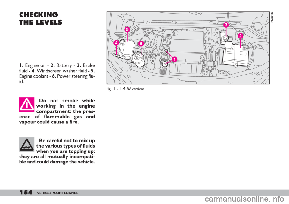 FIAT DOBLO 2007 1.G Owners Manual 154VEHICLE MAINTENANCE
CHECKING
THE LEVELS
Do not smoke while
working in the engine
compartment: the pres-
ence of flammable gas and
vapour could cause a fire.
Be careful not to mix up
the various typ