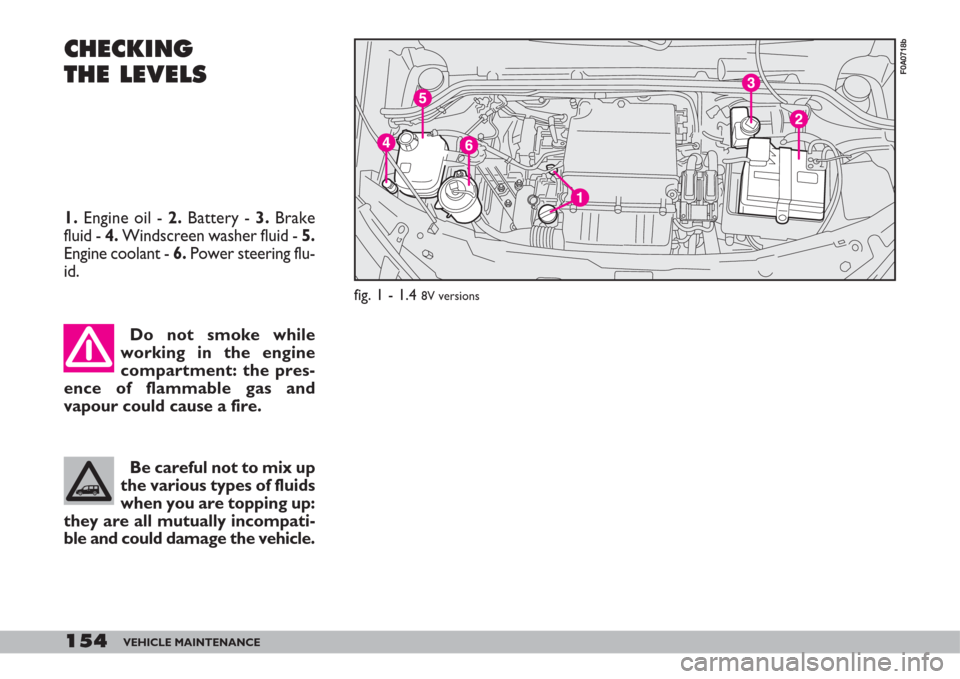 FIAT DOBLO 2007 1.G Owners Manual 154VEHICLE MAINTENANCE
CHECKING
THE LEVELS
Do not smoke while
working in the engine
compartment: the pres-
ence of flammable gas and
vapour could cause a fire.
Be careful not to mix up
the various typ FIAT DOBLO 2007 1.G Owners Manual 154VEHICLE MAINTENANCE
CHECKING
THE LEVELS
Do not smoke while
working in the engine
compartment: the pres-
ence of flammable gas and
vapour could cause a fire.
Be careful not to mix up
the various typ