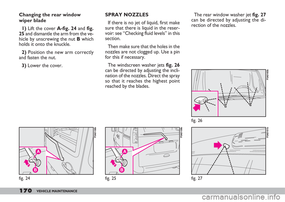 FIAT DOBLO 2007 1.G Owners Manual 170VEHICLE MAINTENANCE
Changing the rear window
wiper blade
1)Lift the cover A-fig. 24and fig.
25and dismantle the arm from the ve-
hicle by unscrewing the nut Bwhich
holds it onto the knuckle.
2) Po FIAT DOBLO 2007 1.G Owners Manual 170VEHICLE MAINTENANCE
Changing the rear window
wiper blade
1)Lift the cover A-fig. 24and fig.
25and dismantle the arm from the ve-
hicle by unscrewing the nut Bwhich
holds it onto the knuckle.
2) Po
