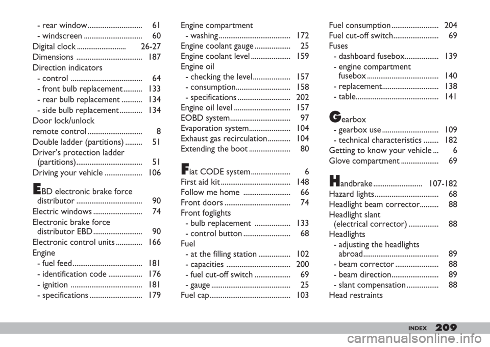 FIAT DOBLO 2007 1.G Owners Manual 209INDEX
- rear window ............................. 61
- windscreen ............................... 60
Digital clock .......................... 26-27
Dimensions ................................... 18