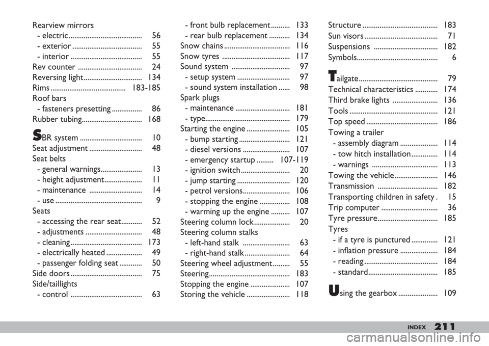 FIAT DOBLO 2007 1.G Owners Manual 211INDEX
Rearview mirrors 
- electric ....................................... 56
- exterior ..................................... 55
- interior ...................................... 55
Rev counter ..