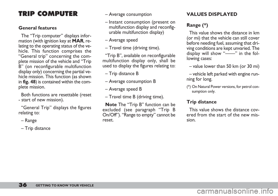 FIAT DOBLO 2007 1.G User Guide 36GETTING TO KNOW YOUR VEHICLE
– Average consumption
– Instant consumption (present on
multifunction display and reconfig-
urable multifunction display)
– Average speed
– Travel time (driving FIAT DOBLO 2007 1.G User Guide 36GETTING TO KNOW YOUR VEHICLE
– Average consumption
– Instant consumption (present on
multifunction display and reconfig-
urable multifunction display)
– Average speed
– Travel time (driving