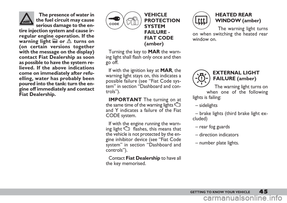 FIAT DOBLO 2007 1.G Owners Manual HEATED REAR
WINDOW (amber)
The warning light turns
on when switching the heated rear
window on.
45GETTING TO KNOW YOUR VEHICLE
The presence of water in
the fuel circuit may cause
serious damage to the
