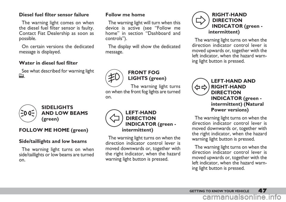 FIAT DOBLO 2007 1.G Owners Manual LEFT-HAND AND
RIGHT-HAND
DIRECTION
INDICATOR (green -
intermittent) (Natural
Power versions)
The warning light turns on when the
direction indicator control lever is
moved downwards or, together with
