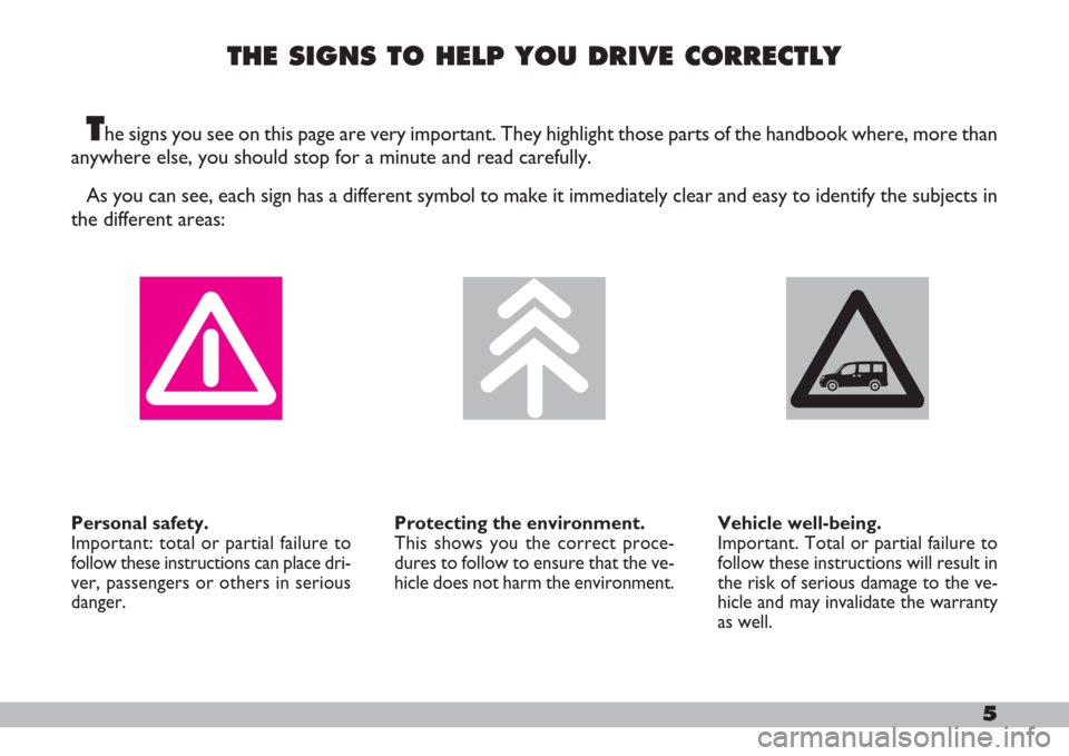 FIAT DOBLO 2007 1.G Owners Manual The signs you see on this page are very important. They highlight those parts of the handbook where, more than
anywhere else, you should stop for a minute and read carefully.
As you can see, each sign