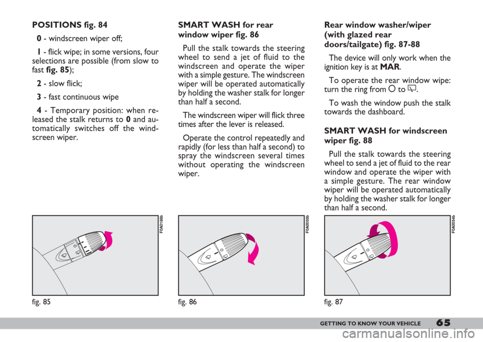 FIAT DOBLO 2007 1.G Owners Manual 65GETTING TO KNOW YOUR VEHICLE
POSITIONS fig. 84
0- windscreen wiper off;
1- flick wipe; in some versions, four
selections are possible (from slow to
fast fig. 85);
2- slow flick;
3- fast continuous w FIAT DOBLO 2007 1.G Owners Manual 65GETTING TO KNOW YOUR VEHICLE
POSITIONS fig. 84
0- windscreen wiper off;
1- flick wipe; in some versions, four
selections are possible (from slow to
fast fig. 85);
2- slow flick;
3- fast continuous w