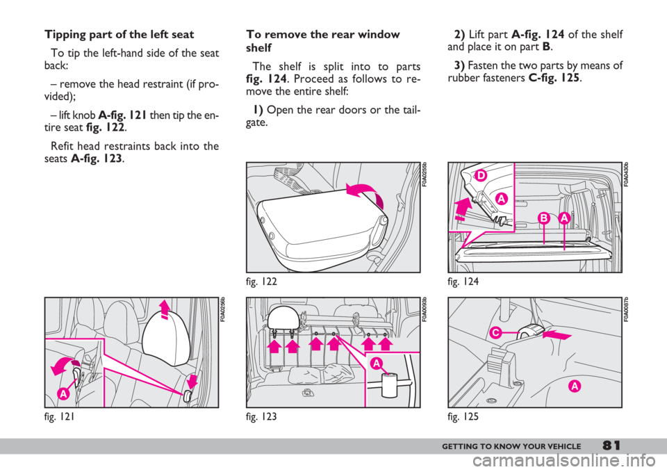 FIAT DOBLO 2007 1.G Manual Online 81GETTING TO KNOW YOUR VEHICLE
fig. 121
F0A0256b
fig. 122
F0A0255b
A
fig. 123
F0A0093b
Tipping part of the left seat
To tip the left-hand side of the seat
back:
– remove the head restraint (if pro-
FIAT DOBLO 2007 1.G Manual Online 81GETTING TO KNOW YOUR VEHICLE
fig. 121
F0A0256b
fig. 122
F0A0255b
A
fig. 123
F0A0093b
Tipping part of the left seat
To tip the left-hand side of the seat
back:
– remove the head restraint (if pro-