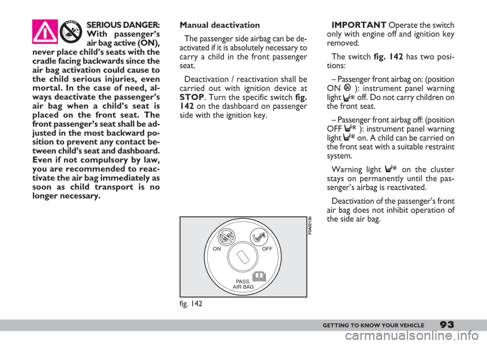 FIAT DOBLO 2007 1.G Owners Guide 93GETTING TO KNOW YOUR VEHICLE
Manual deactivation
The passenger side airbag can be de-
activated if it is absolutely necessary to
carry a child in the front passenger
seat.
Deactivation / reactivatio FIAT DOBLO 2007 1.G Owners Guide 93GETTING TO KNOW YOUR VEHICLE
Manual deactivation
The passenger side airbag can be de-
activated if it is absolutely necessary to
carry a child in the front passenger
seat.
Deactivation / reactivatio