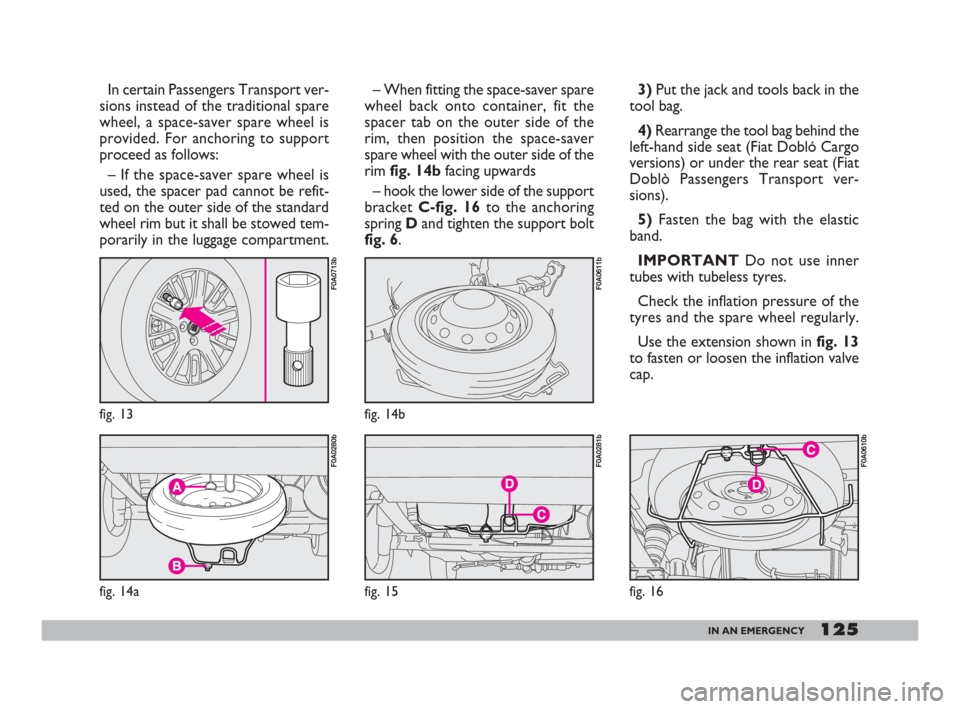 FIAT DOBLO 2008 1.G Owners Manual 125IN AN EMERGENCY
– When fitting the space-saver spare
wheel back onto container, fit the
spacer tab on the outer side of the
rim, then position the space-saver
spare wheel with the outer side of t