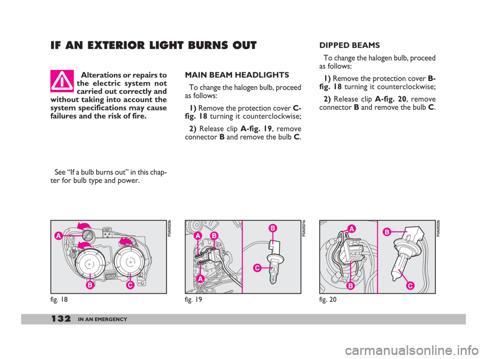 FIAT DOBLO 2008 1.G Owners Manual 132IN AN EMERGENCY
See “If a bulb burns out” in this chap-
ter for bulb type and power.MAIN BEAM HEADLIGHTS
To change the halogen bulb, proceed
as follows:
1)Remove the protection cover C-
fig. 1 FIAT DOBLO 2008 1.G Owners Manual 132IN AN EMERGENCY
See “If a bulb burns out” in this chap-
ter for bulb type and power.MAIN BEAM HEADLIGHTS
To change the halogen bulb, proceed
as follows:
1)Remove the protection cover C-
fig. 1